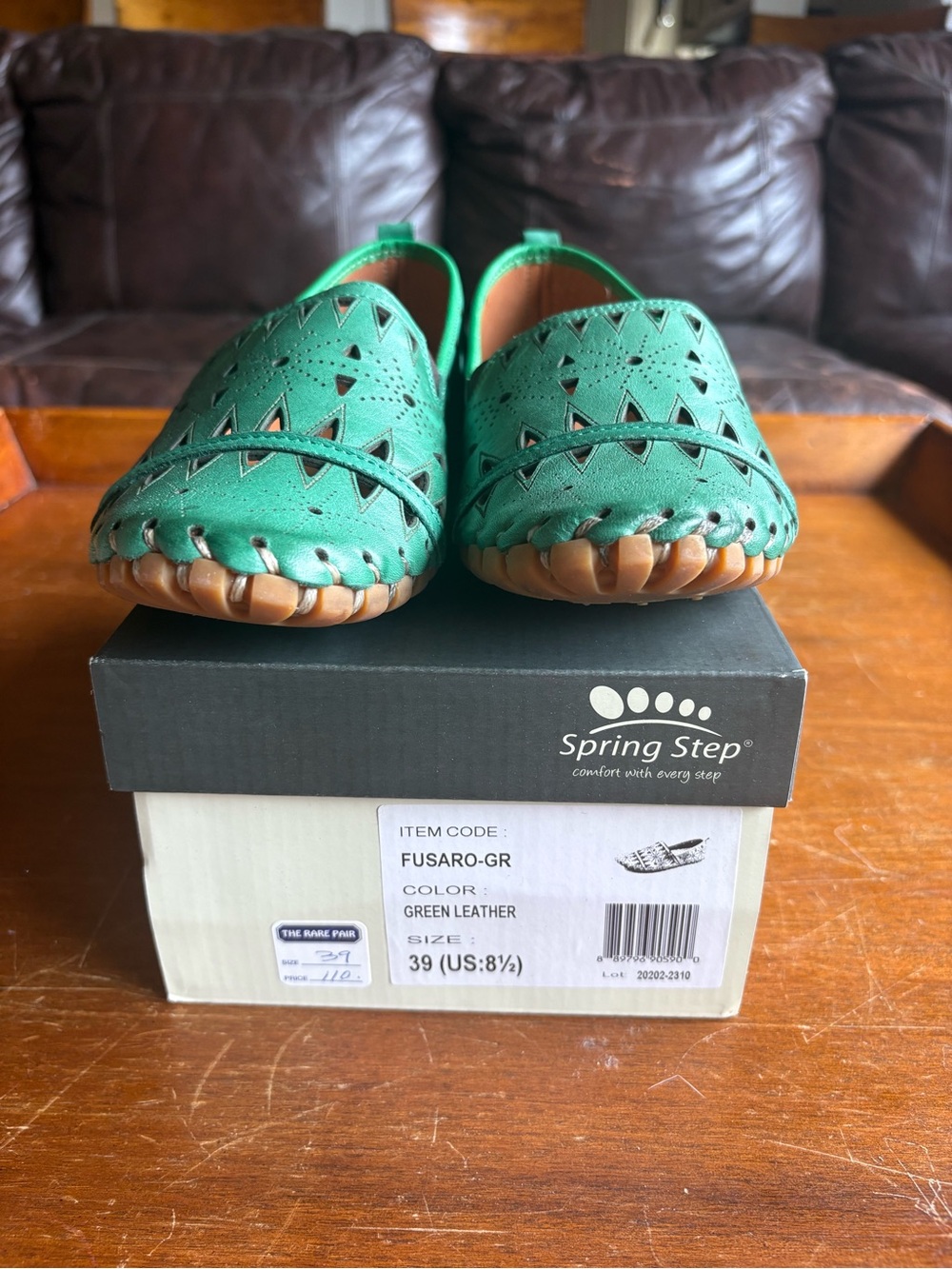 Spring Step Green Leather Moccasin Slip-Ons with Woven Trim